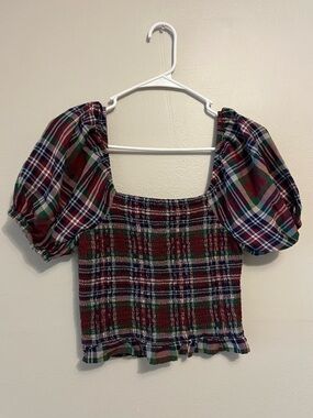 American Eagle Outfitters Red Green Plaid Puff-Sleeve Smocked Crop Top